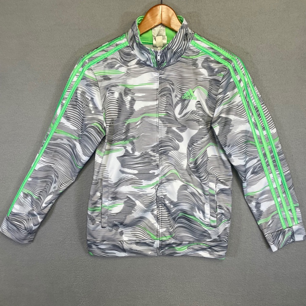 Adidas Track Jacket‎ Youth Large 14/16 Gray Green Camo 3 Stripe Full Zip AH24